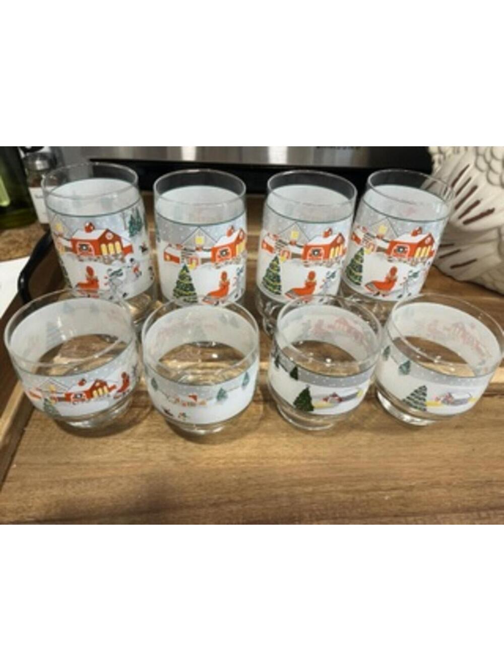 Vintage Holiday Glassware Set of 8 Winter Scene Snowman Christmas Tumblers